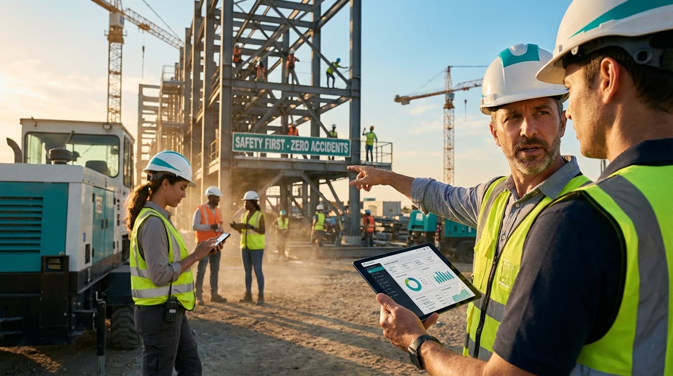 Construction site with automated project tracking and real-time dashboard synchronization